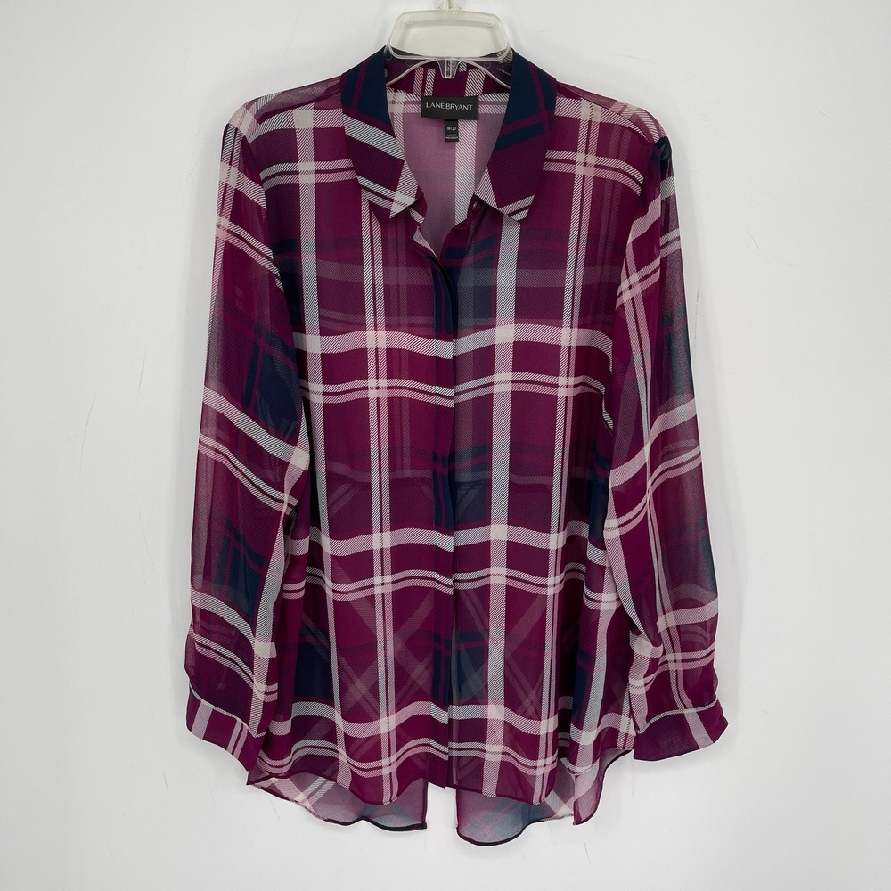Lane Bryant Women's Purple Plaid Sheer Button Front Top Shirt Plus Size 18-20